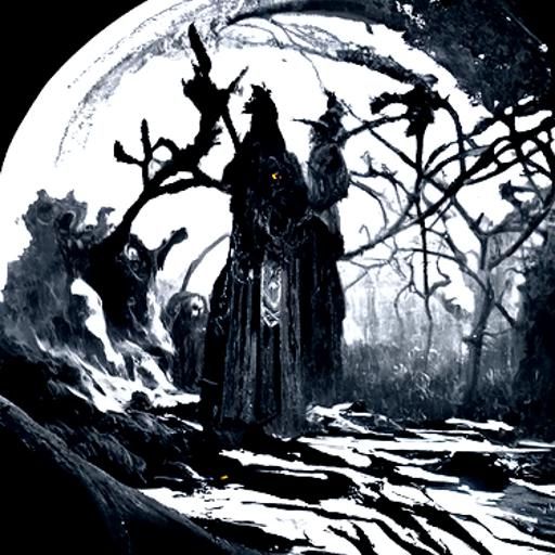 ancient spells in the dark forest under a full moon at midni...
