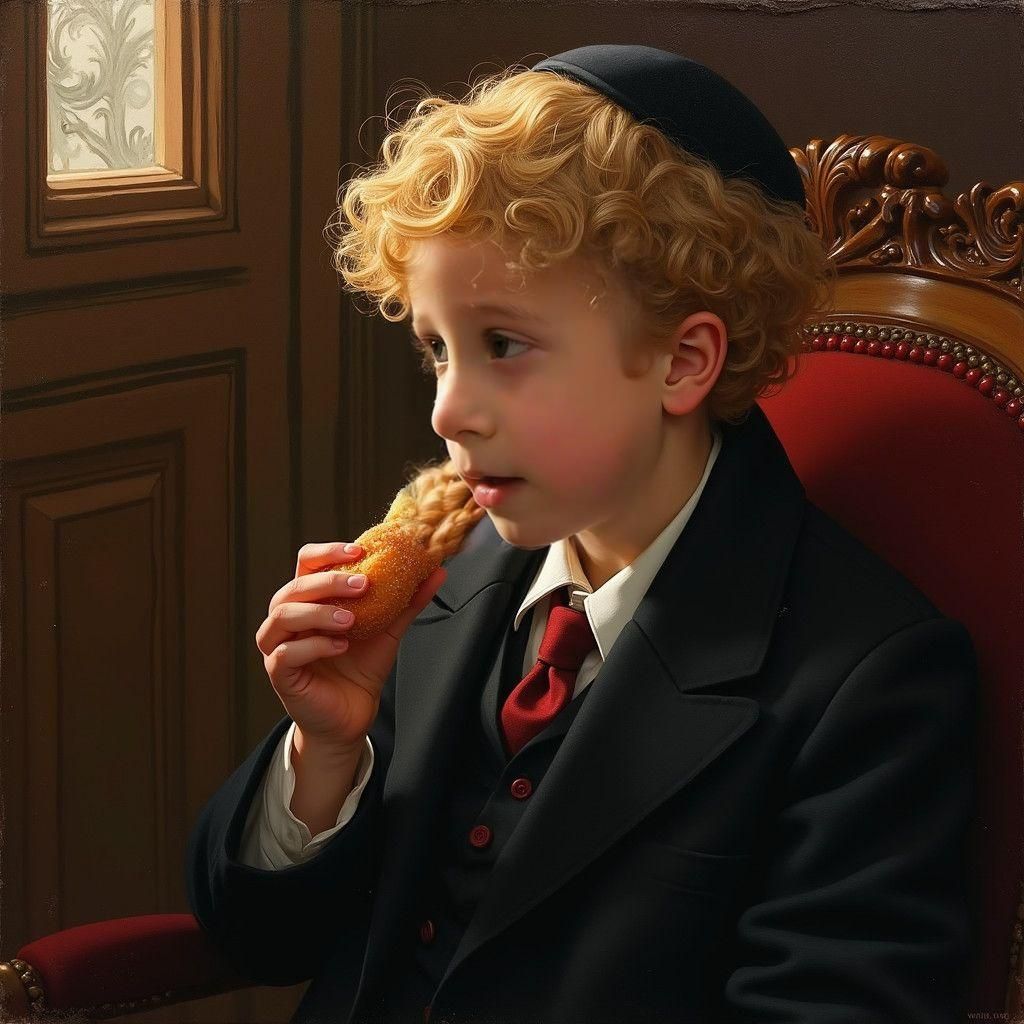 Orthodox Jewish Boy Eating Sufganiyah as Oil Painting
