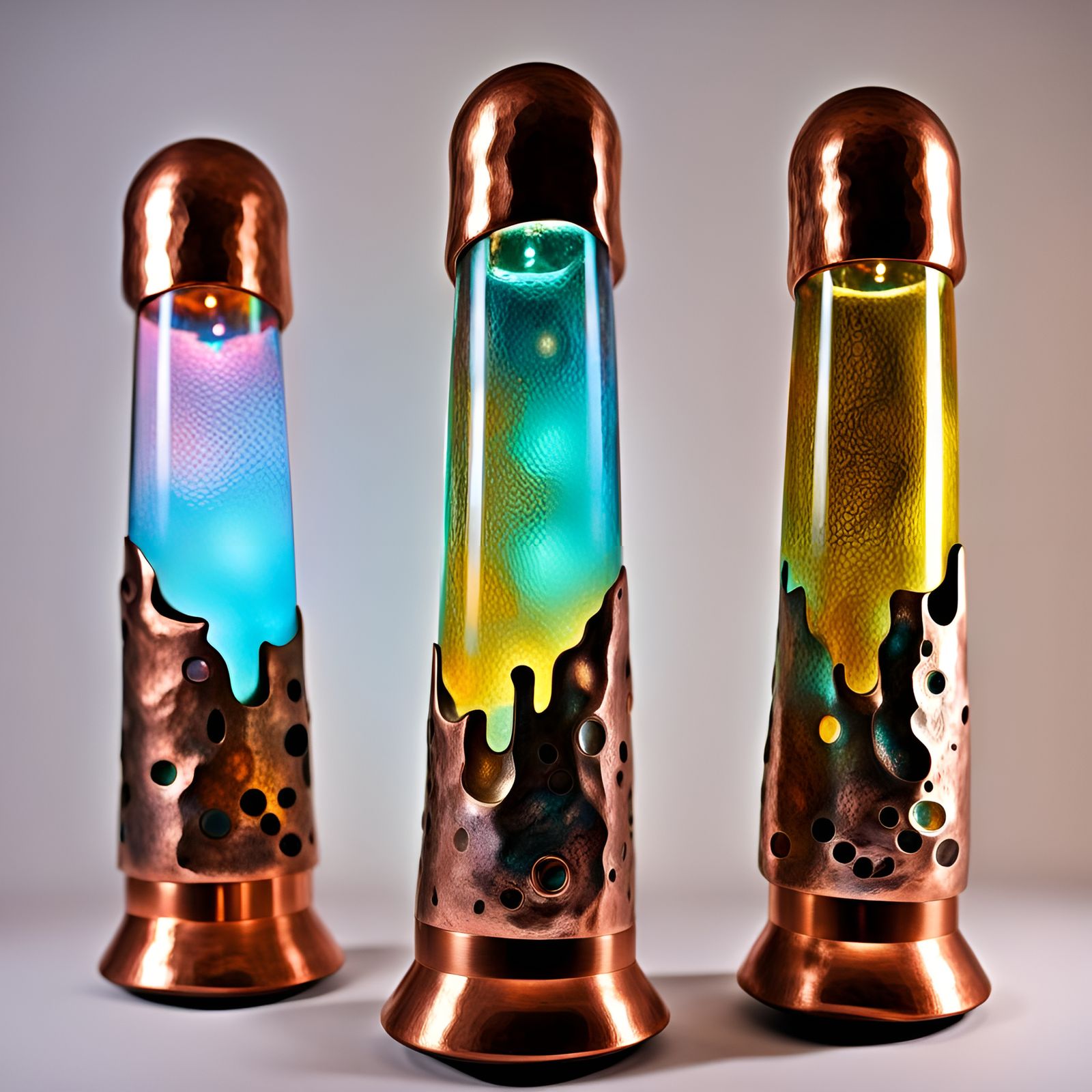 Gods Steam punk lava lamp made out of iridescent copper silver hammered