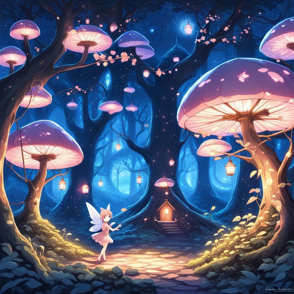 Anime Pink Glowing Mushrooms With Pink Fairy