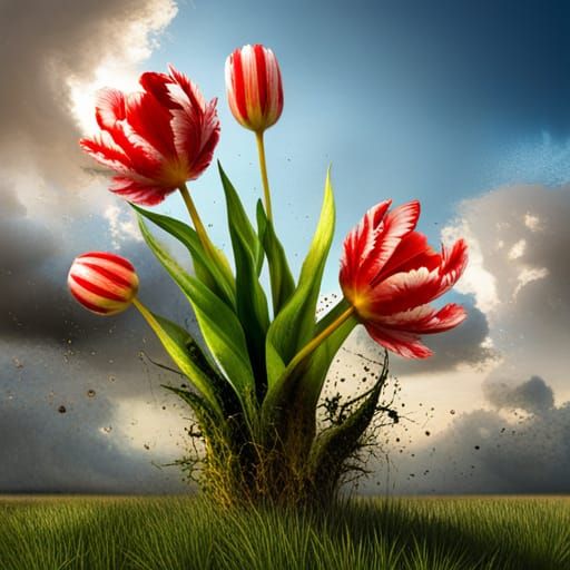 Hyper realistic covered dutch broken tulips made from oilpaint splatters in a summer scenes bloodsplash ... false