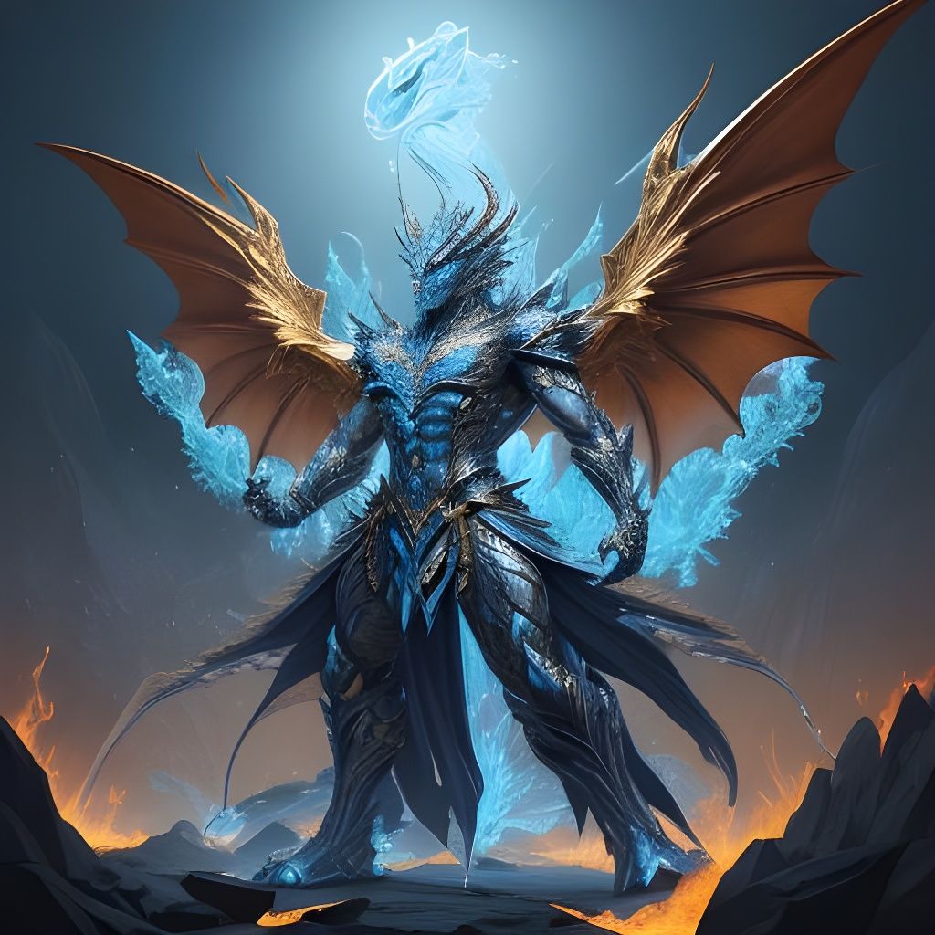 Crystal Dragon with Sword and Blue Fire Wings