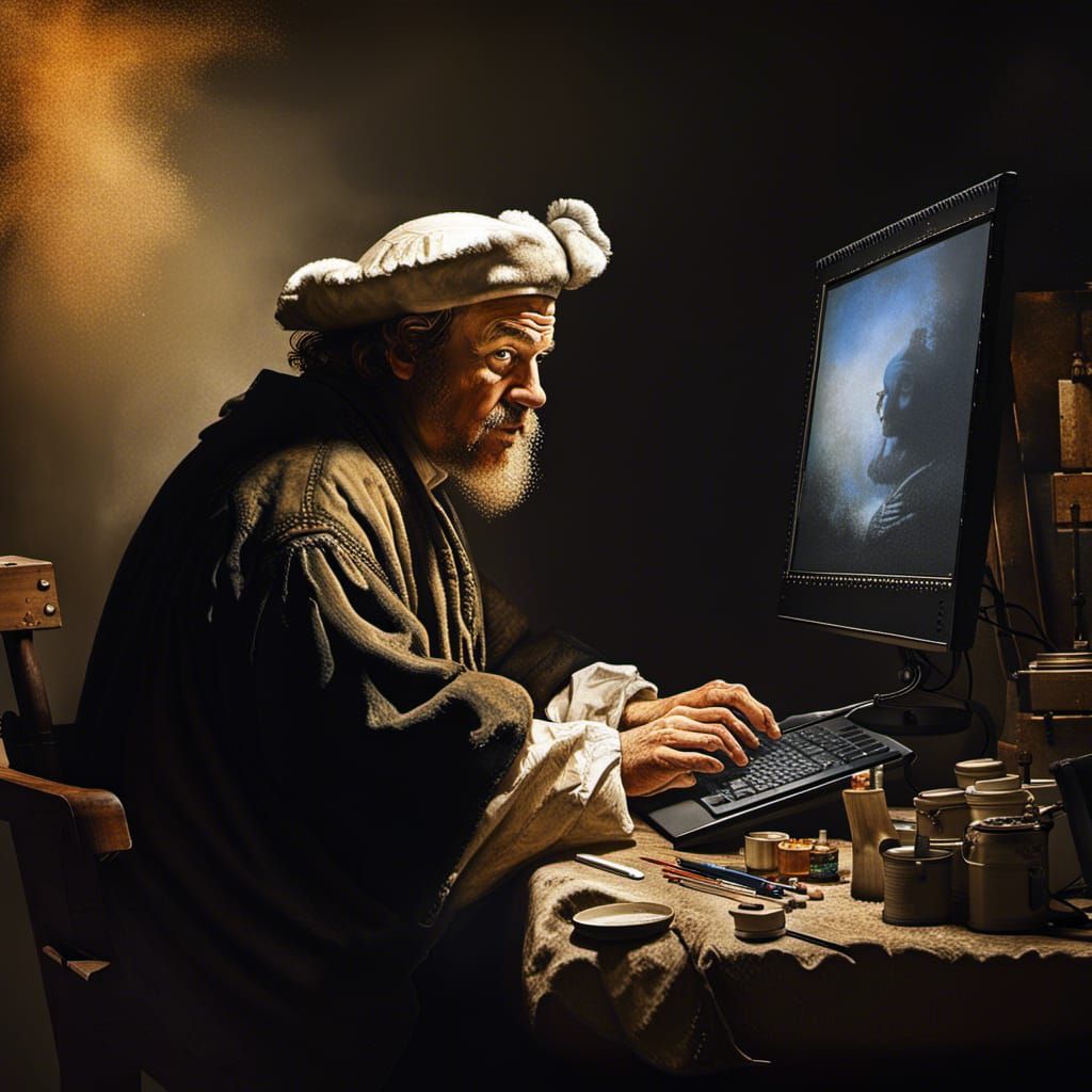 A portrait of the artist Rembrandt working on a computer, painted in