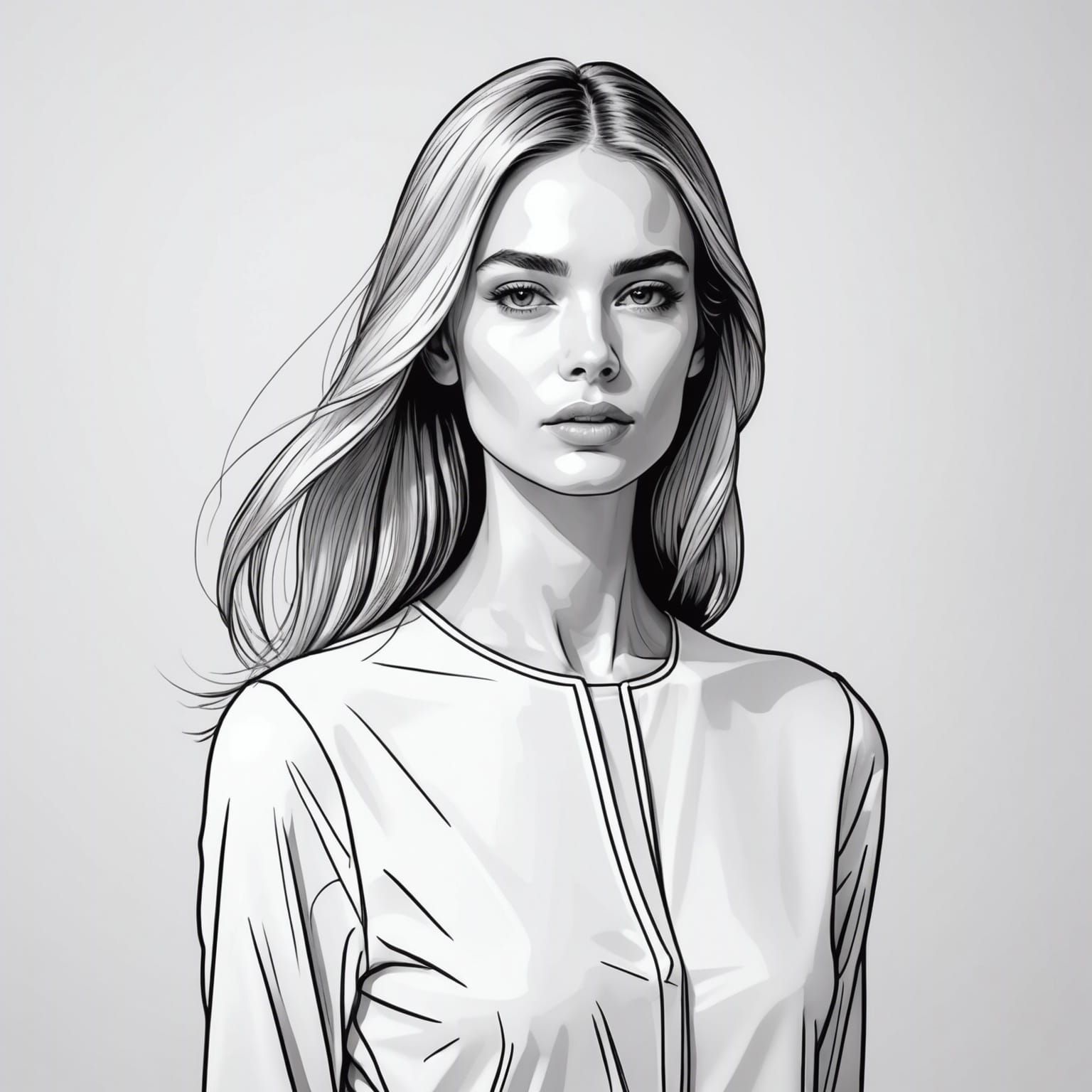 Full body:Black and white line drawing of woman, white backg...