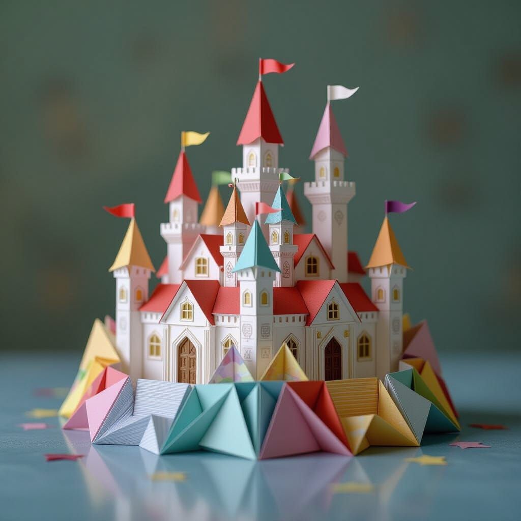 Enchanted Castle in Rainbow Colors Origami Style