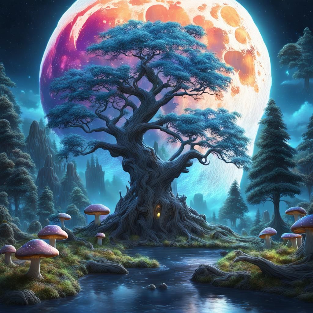 Massive tree in a mushroom forest