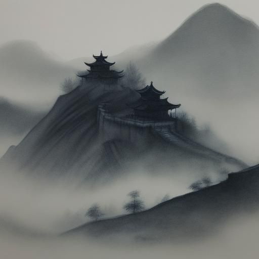 Dugu Qiubai on Misty Peak in Ink Wash Painting