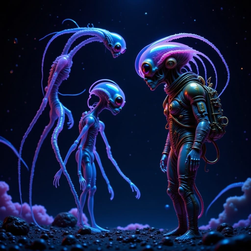 mood lighting neon colors UV light capturing the moment of a coincidental meeting between a lost astronaut and a curious alien in the vastne...