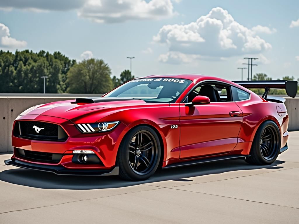 Red Ford Mustang race car with nice wheels and good trim.