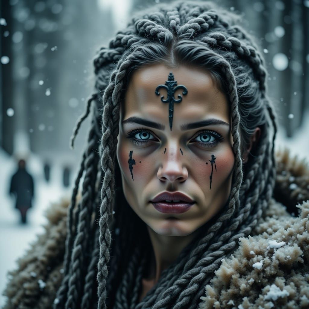 closeup - Chiaroscuro volumetric lighting; intense angled snow storm and white sleet; to the left side of the image is a front on view, fier...