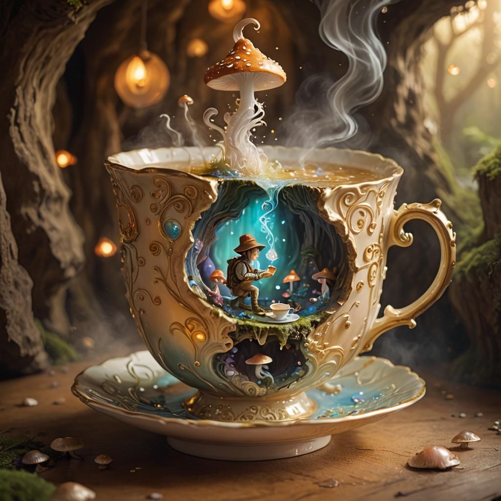 a tiny teacup world spelunking into cavernous levels within the teacup itself  by @LilacVenom