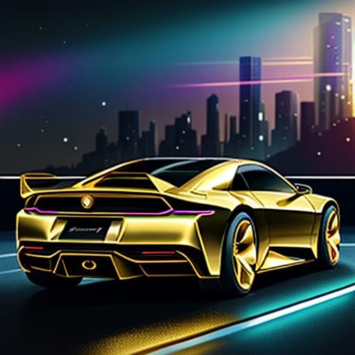 holographic golden hour futuristic city car