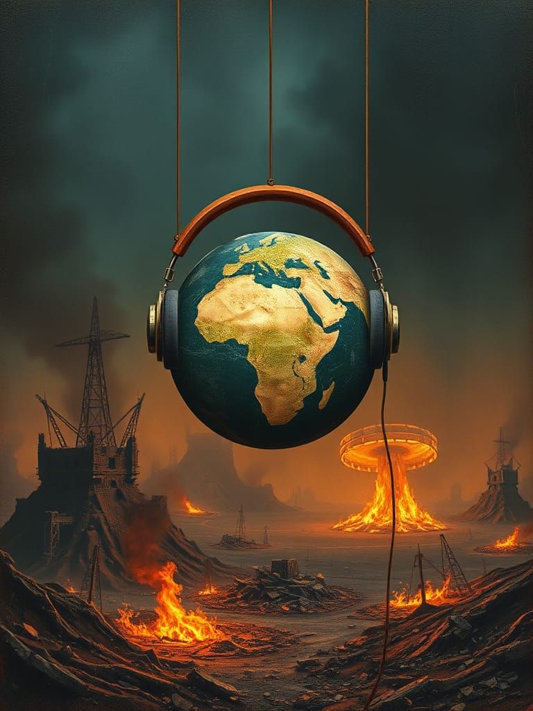 Earth with Headphones in Burning Wasteland: Surreal Art