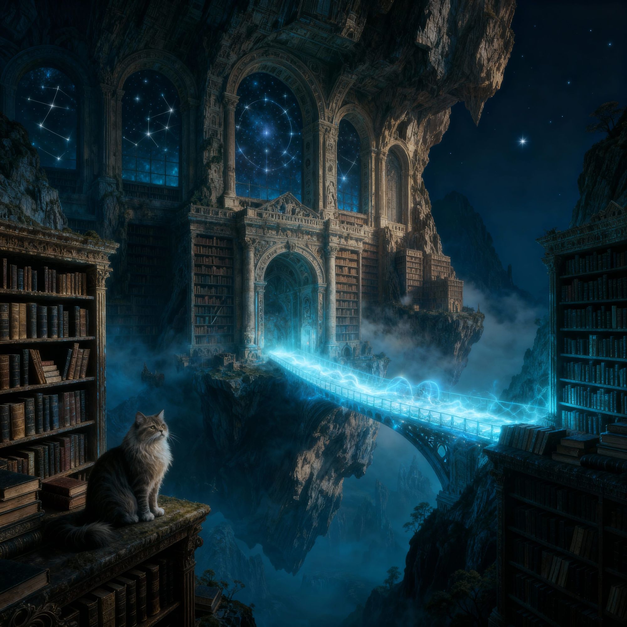A colossal, ancient library at night; watched over by a feline