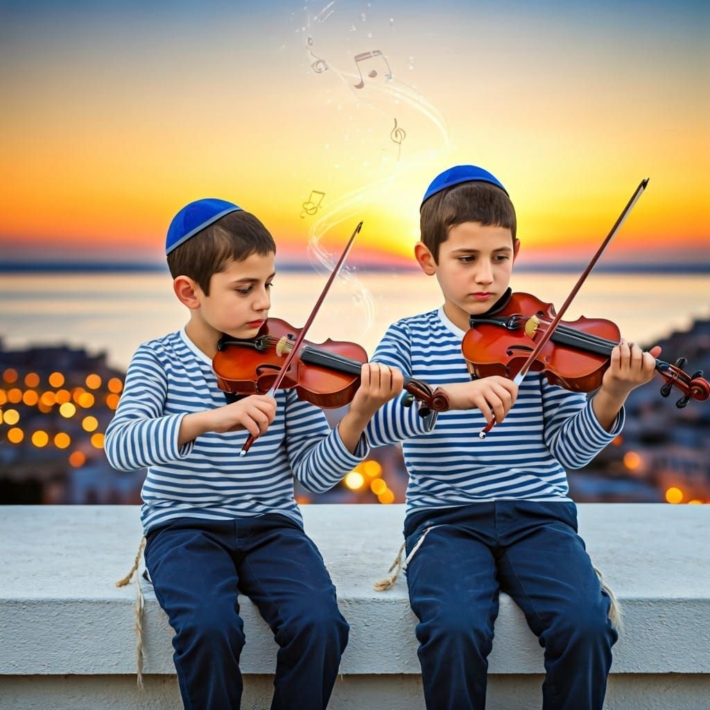 Boys' Sunset Serenade: Rooftop Violins in Golden Light