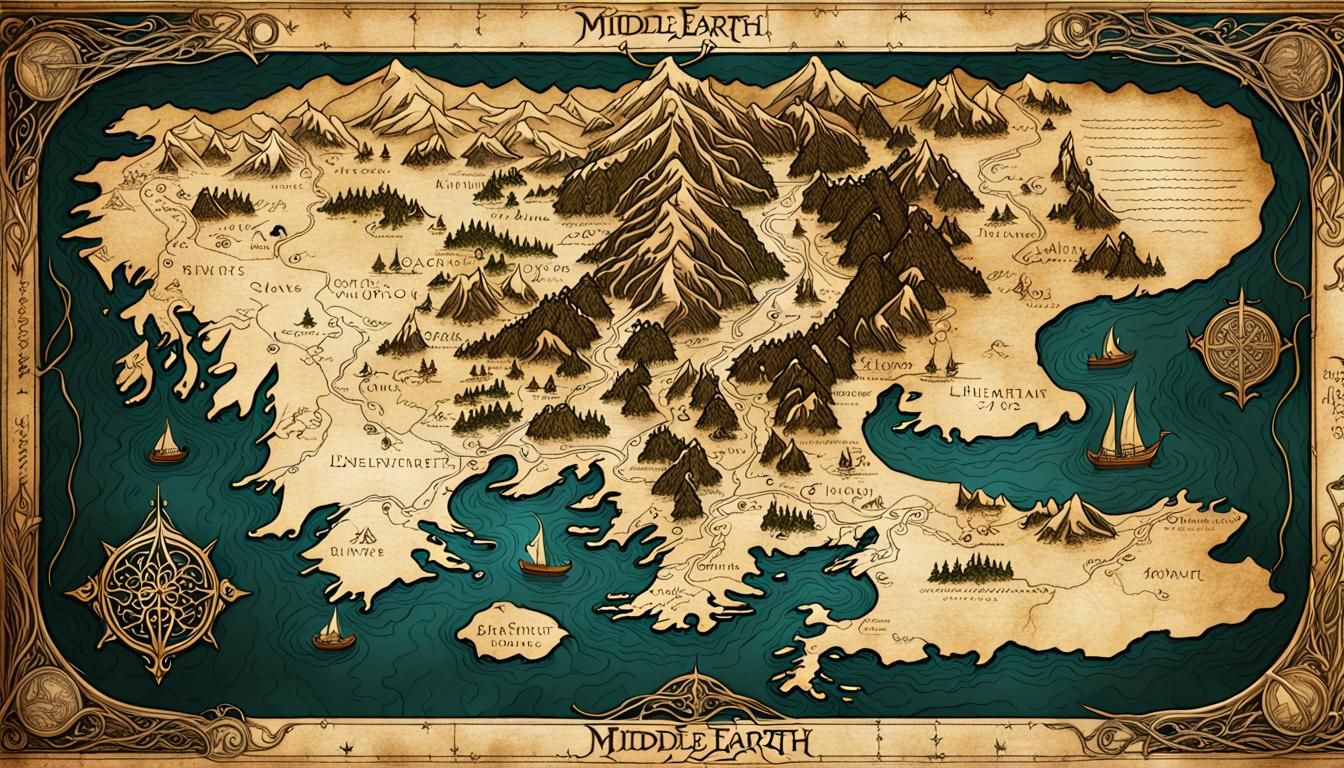 map of Middle Earth as designed by elves on old parchment,filligree ...