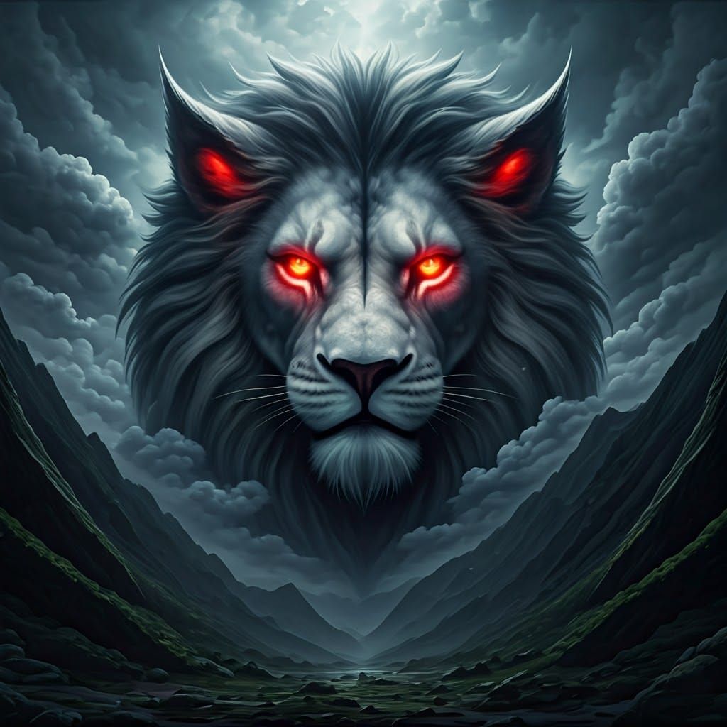 Majestic Lion Cloud in Dark, Stormy Skies, Red Eyes Glowing