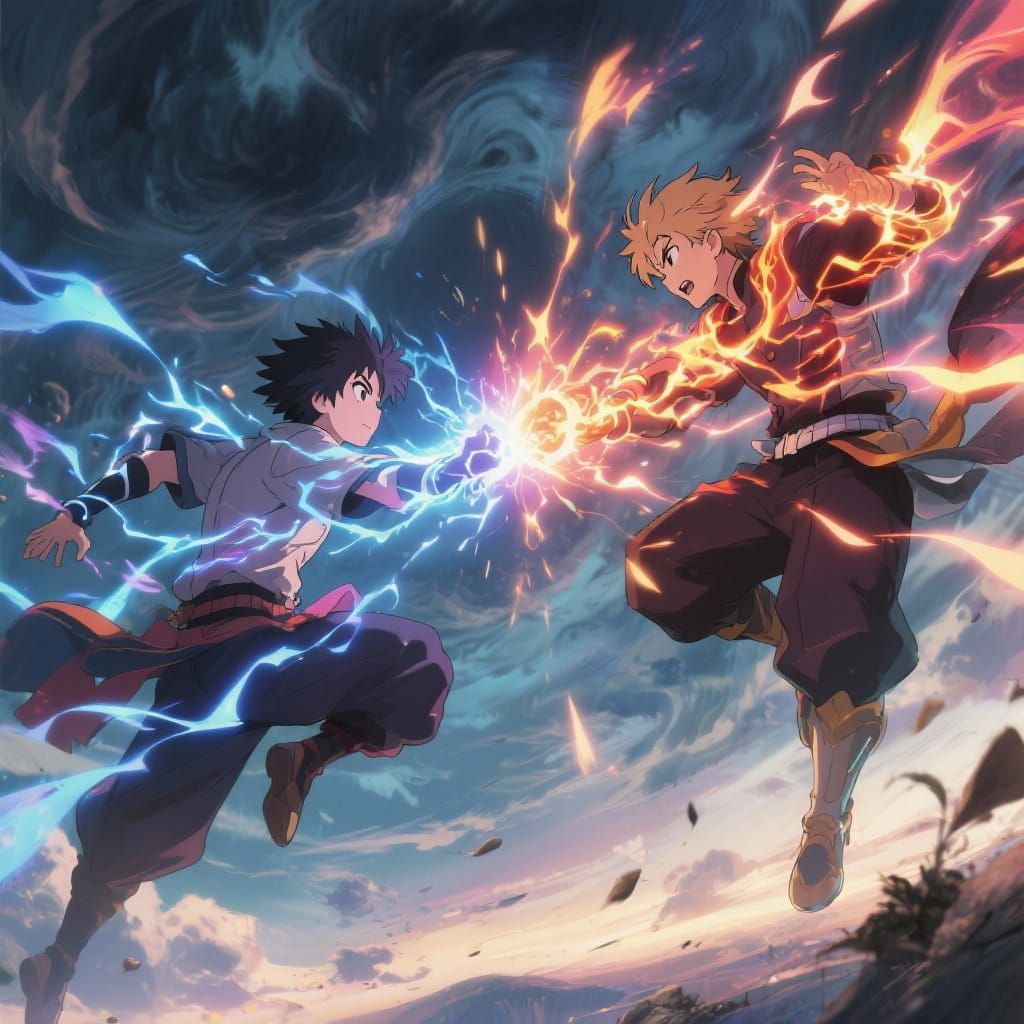 Two characters clashing with elemental attacks in midair in a dynamic action scene inspired by the energy ...  by @Apilas