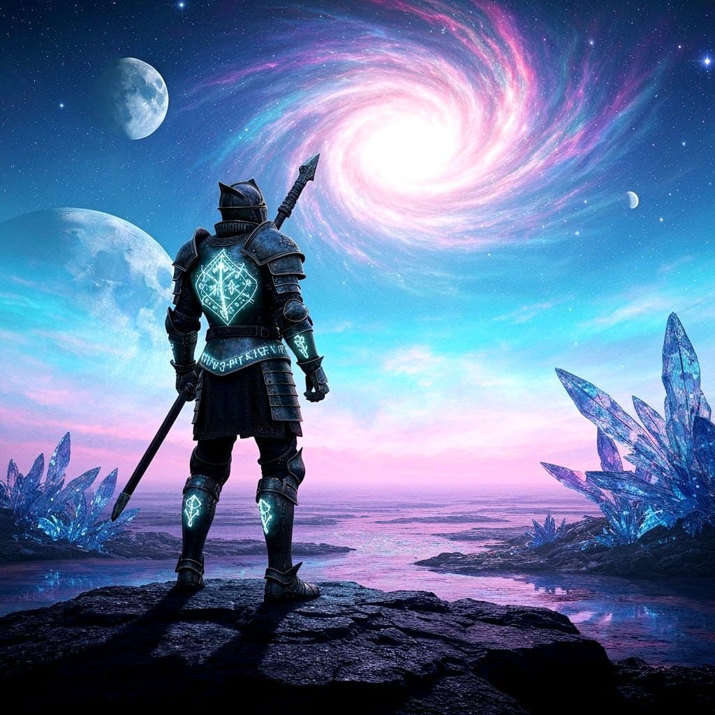 A solitary knight stands on a desolate, alien planet, gazing up at a swirling nebula. The knight's armor is intricately detailed, etched wit...