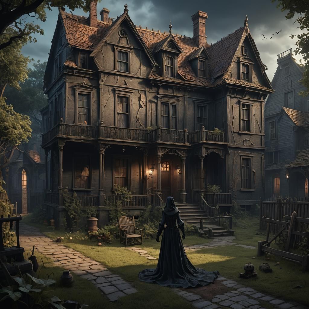 a shadow, in the dark night, in a yard of a haunted house, w...