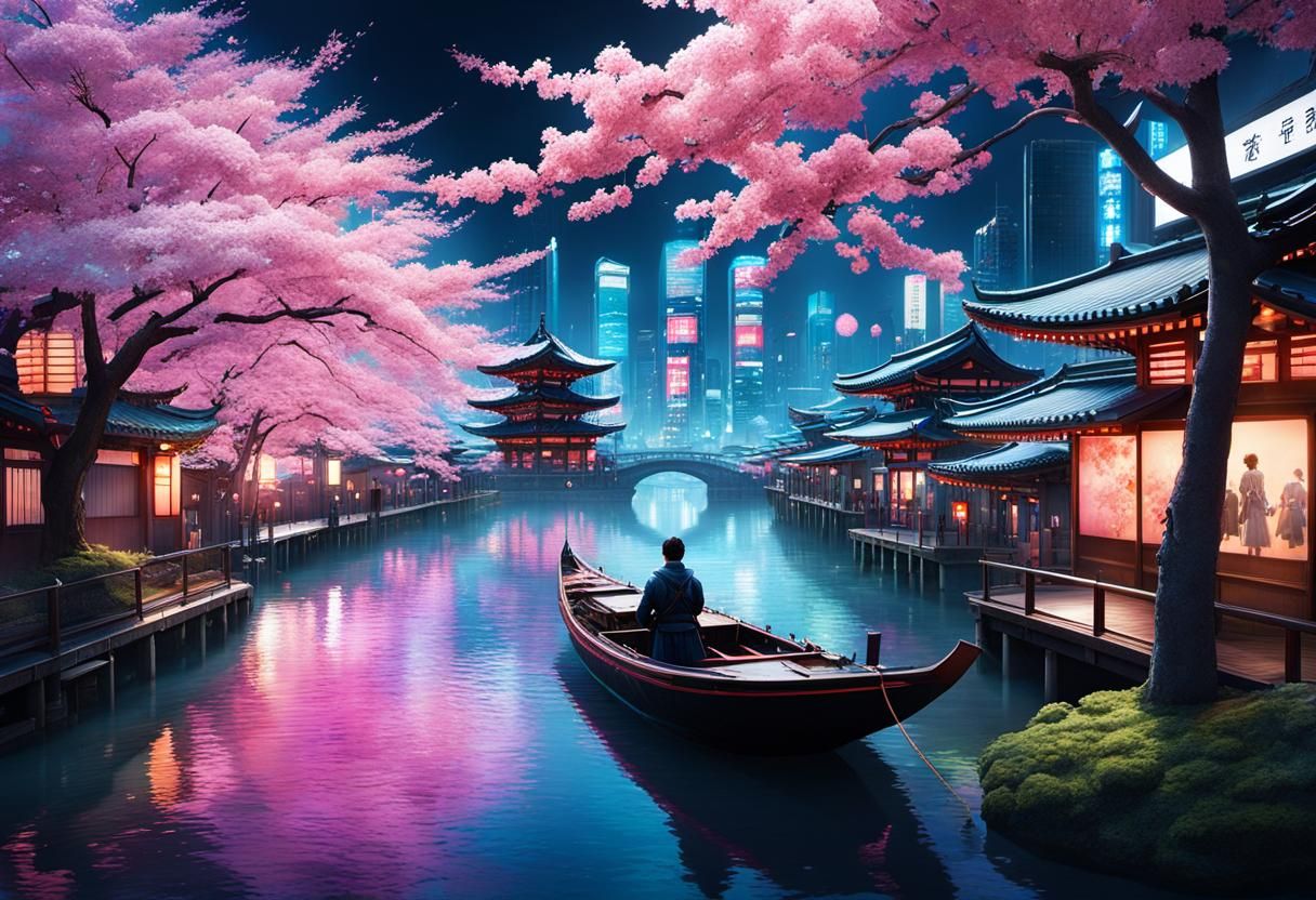 Cyberpunk Sakura Festival with Fireworks