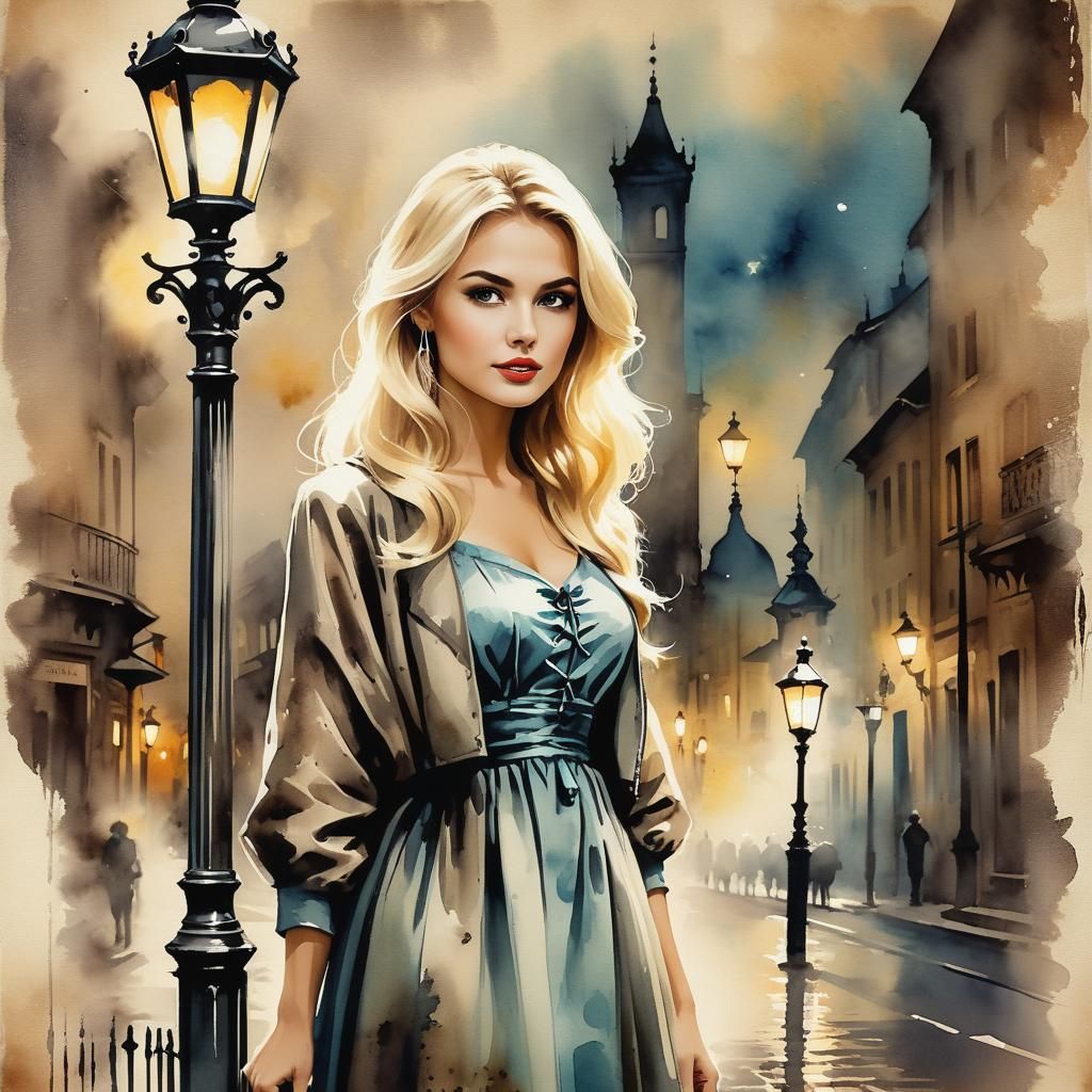 stunning woman, blond hair,  vintage clothes, walking by the...