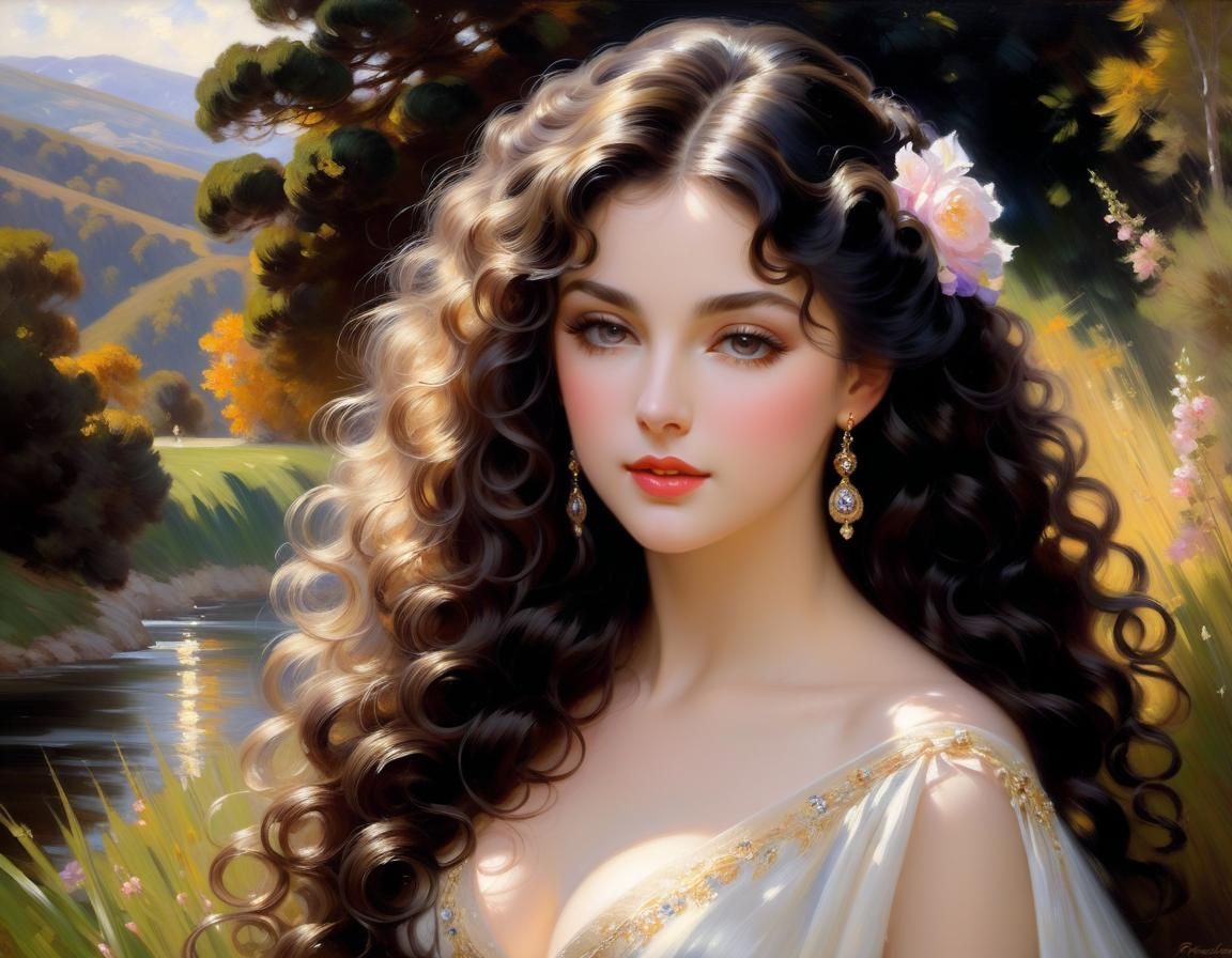 Pretty lady with curly black long flowing hair: impressionist portrait ...