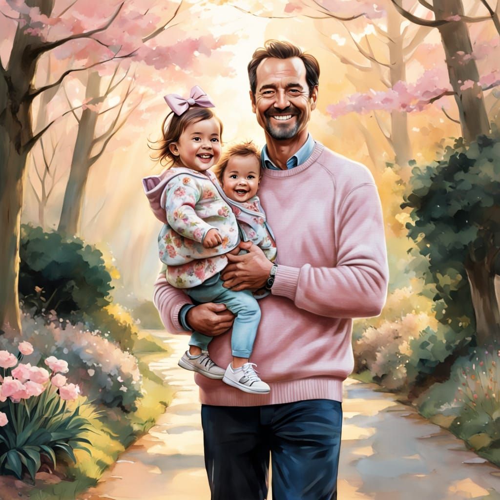 Father Guides Family of Four in Warm Golden Light