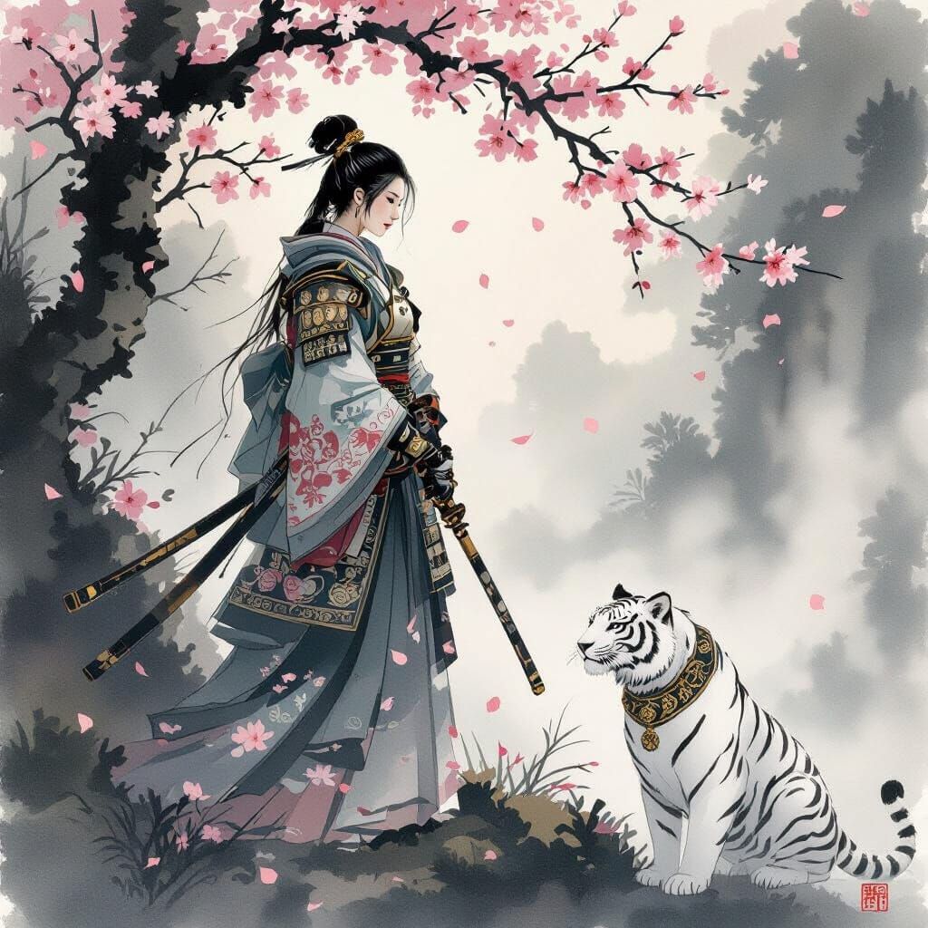 Lost in Thought : A lone female samurai warrior, clad in ornate, flowing robes, stands at the edge of a misty, ancient forest with a white tiger wearing an or...