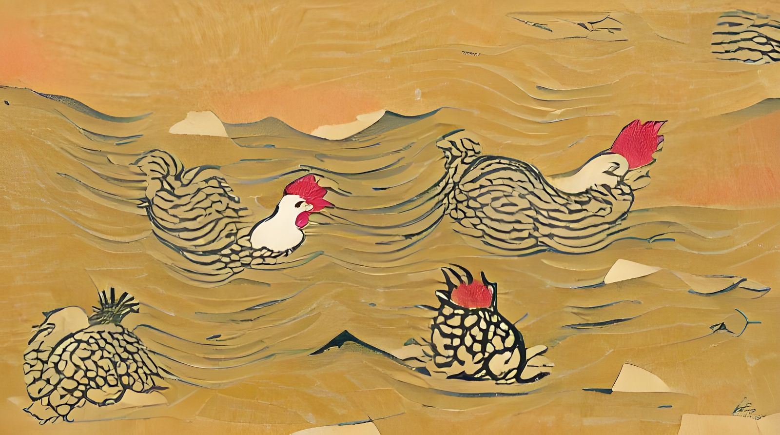 Chickens swimming in the sea