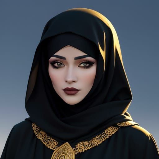 Portrait of a woman in a full black niqab and abaya. The primary light source is the warm glow from the lantern, contrasting with the cool t...