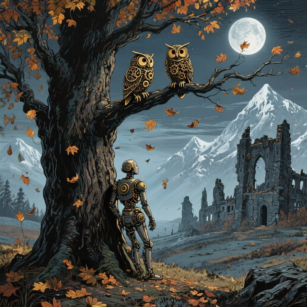 A medieval woodcut-style illustration set in autumn. The scene shows a full view of a large tree with crisp fall leaves drifting down in the...