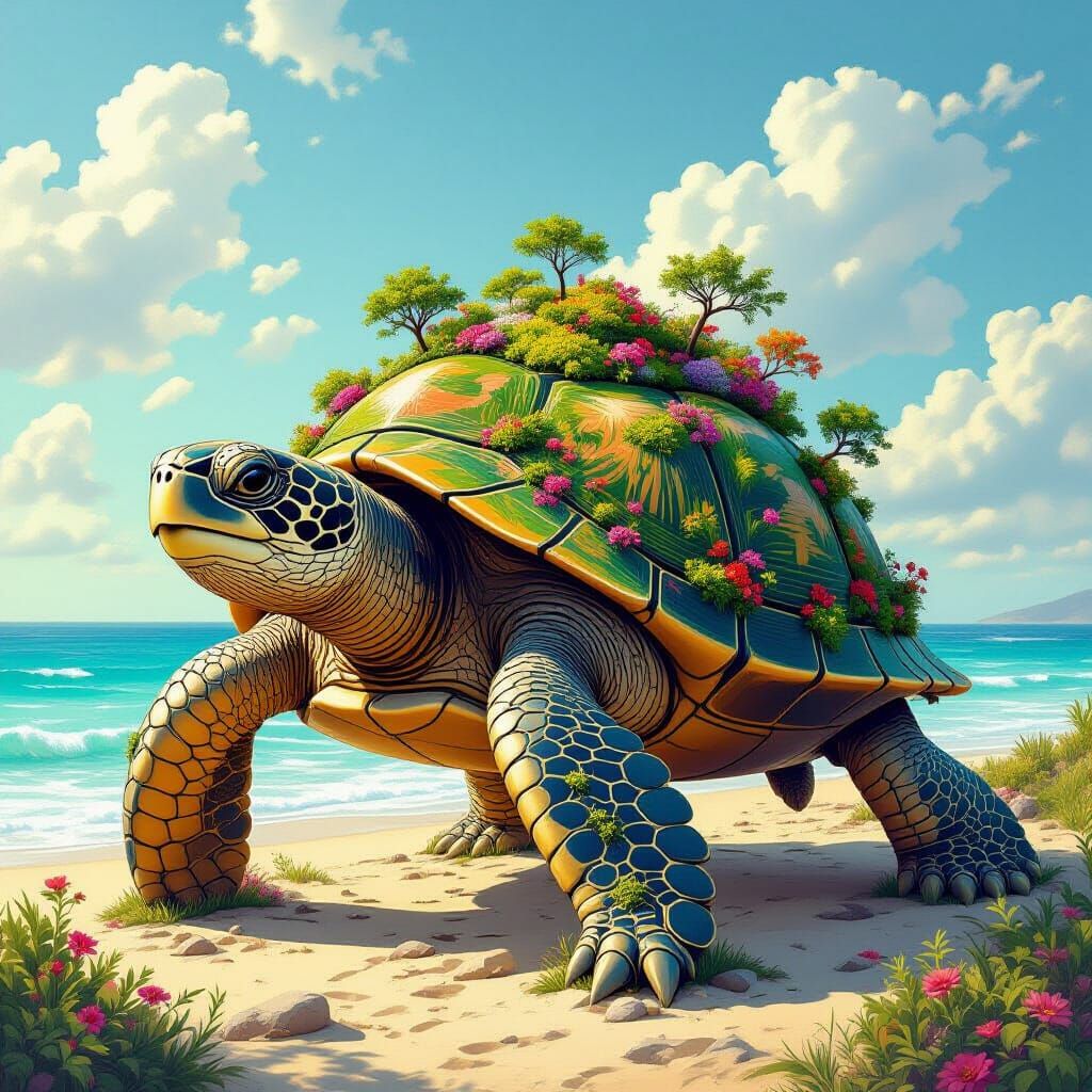 A massive, ancient sea turtle, its shell covered in a vibrant, lush garden. On its back, there's a miniature ecosystem with flowering bushes...