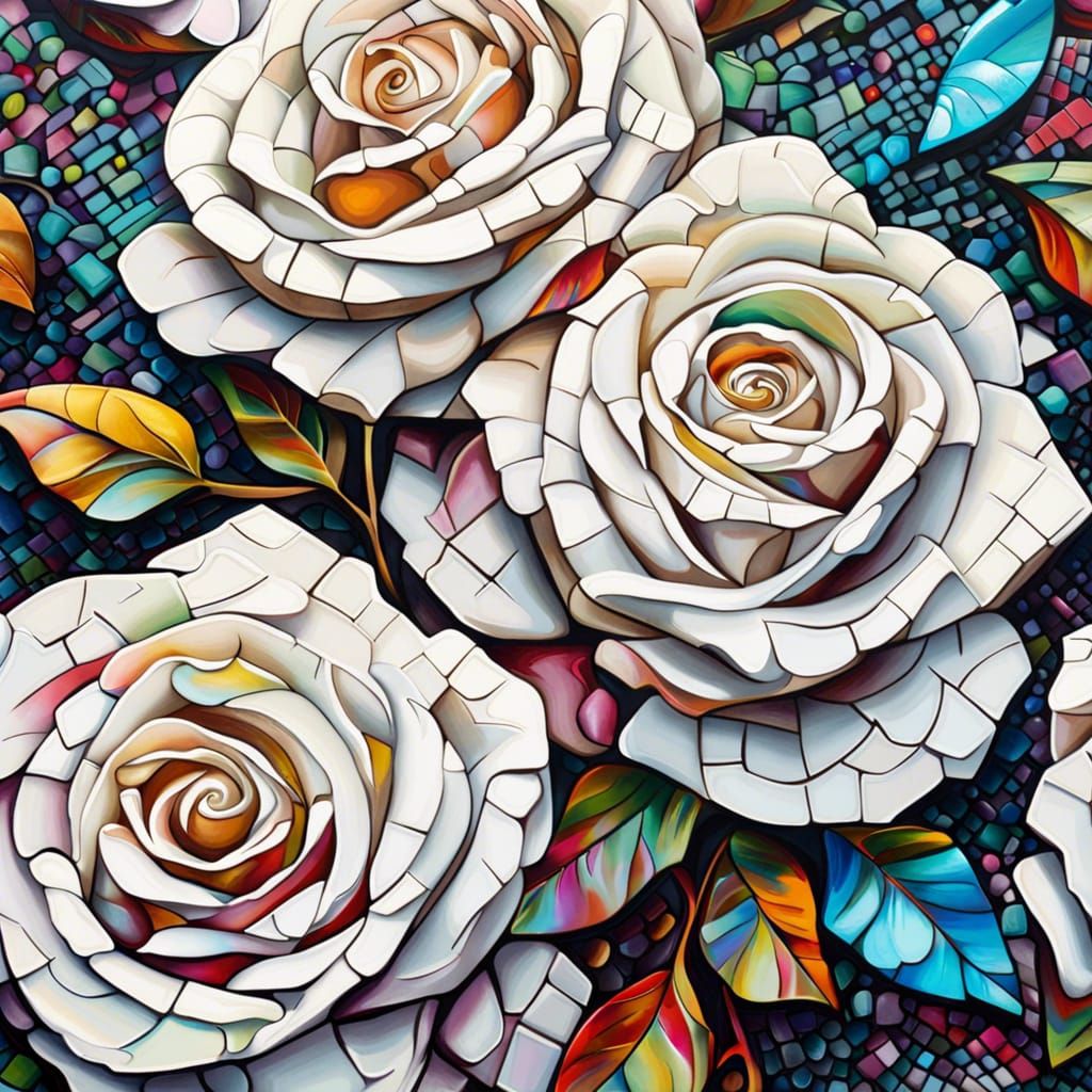 WHITE ROSES, MOSAIC ART, CLASSICAL ART,  hyperdetailed, graf...