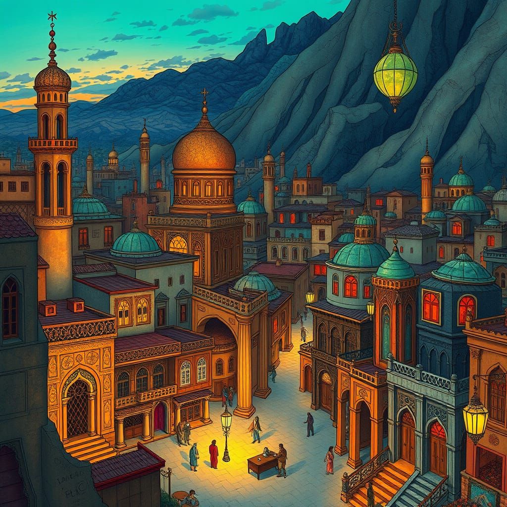 Middle Eastern Cityscape at Dusk in Vibrant, Dreamlike Style