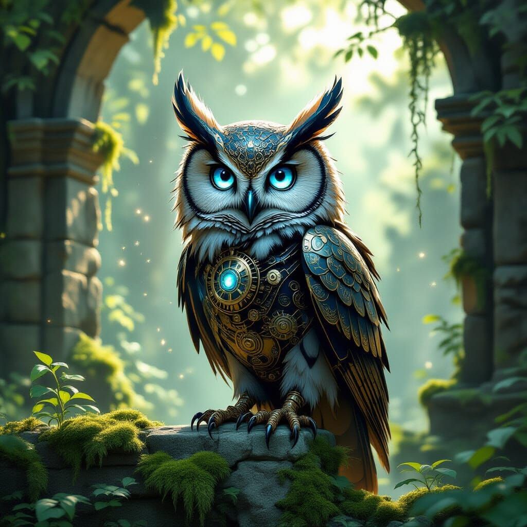 Mechanical Owl on Ancient Ruins in Fantasy Concept Art Style