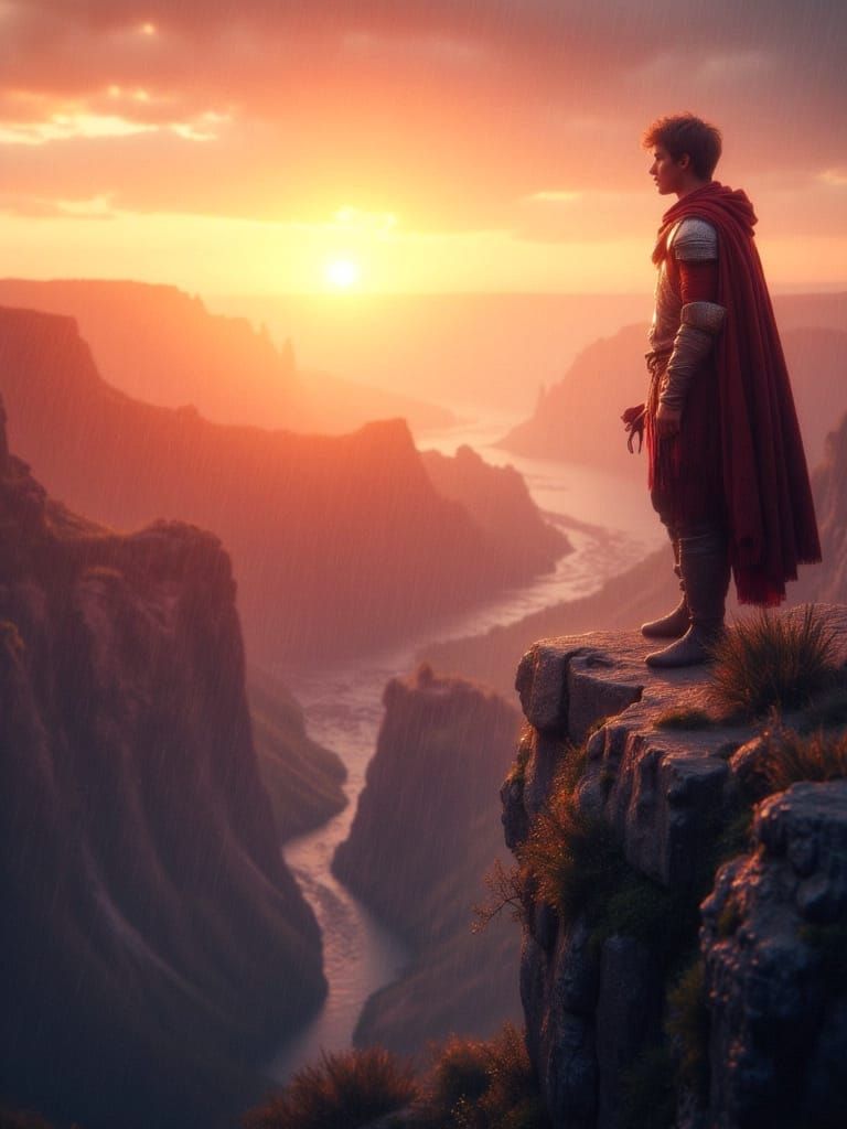 <lora:HRH-Rain-Woven:1.0> A young warrior standing at the edge of a cliff, watching as the sun sets