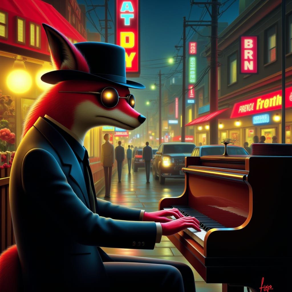 <lora:Naivepunk V2:1.0> Close up of a fox wearing a fedora and sunglasses playing the piano in front of a restaurant by the street