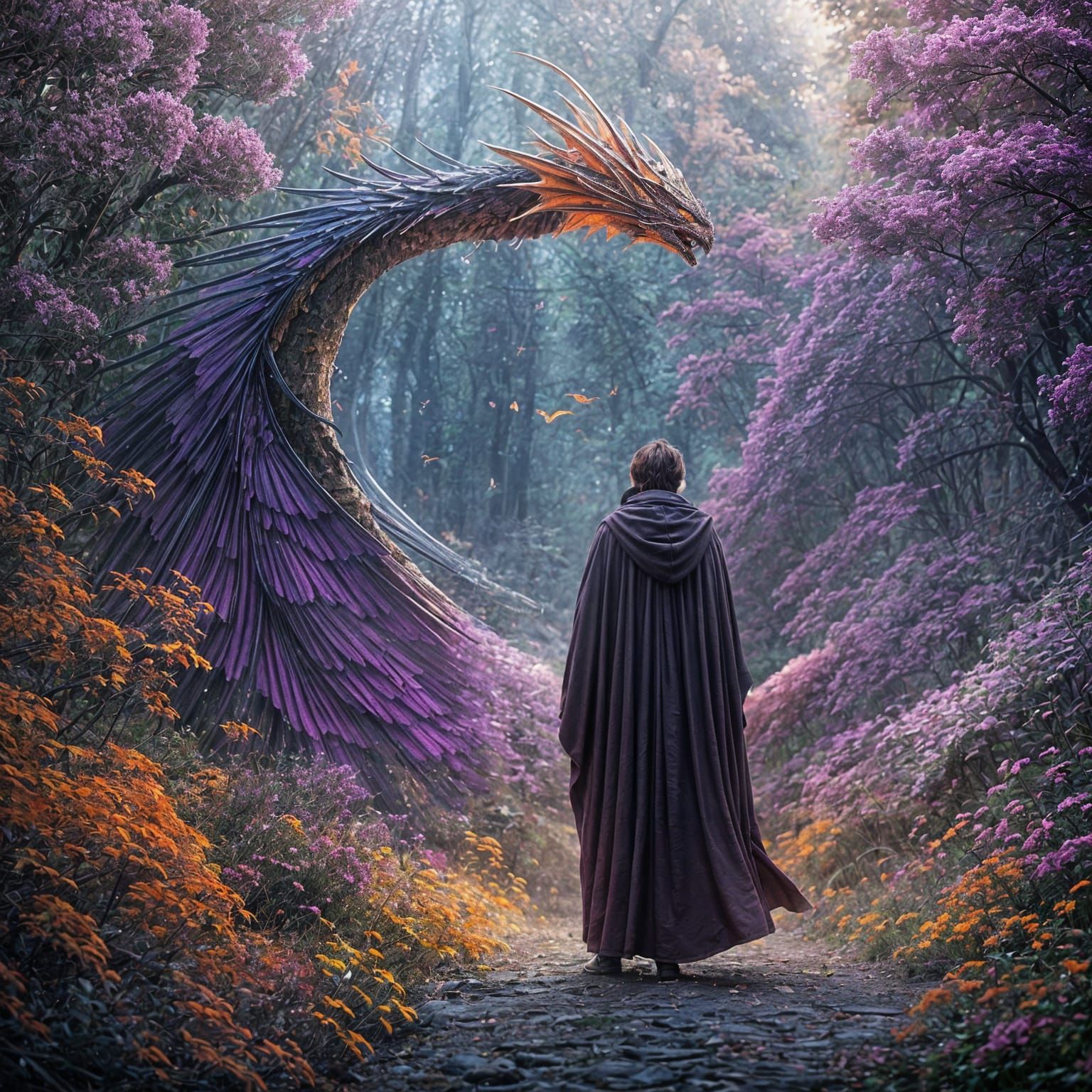 In the picture, a man in a dark cloak stands with his back to the viewer. He is in the middle of a bright, ...  by @Schoor