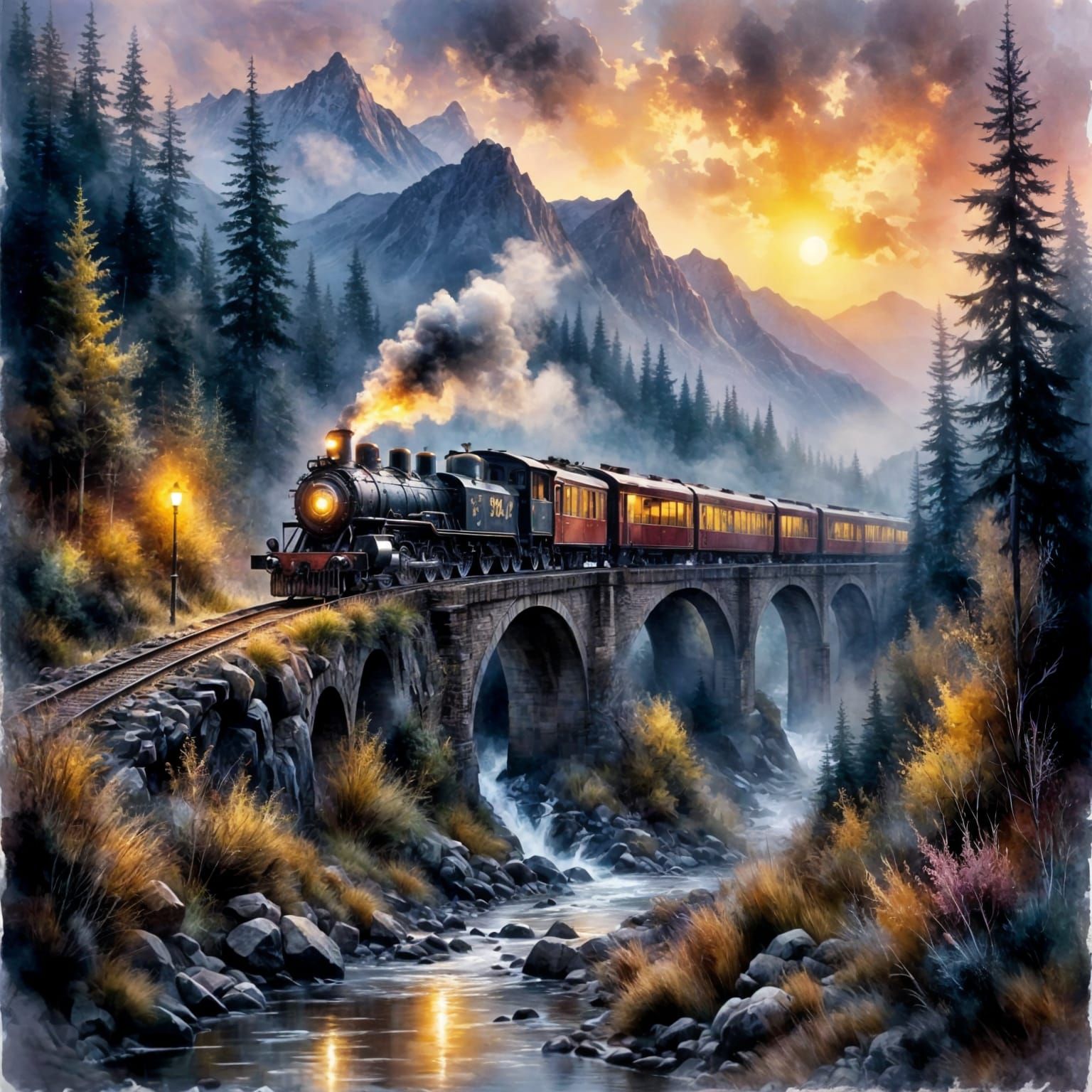 Impressionist Train on Bridge at Sunset