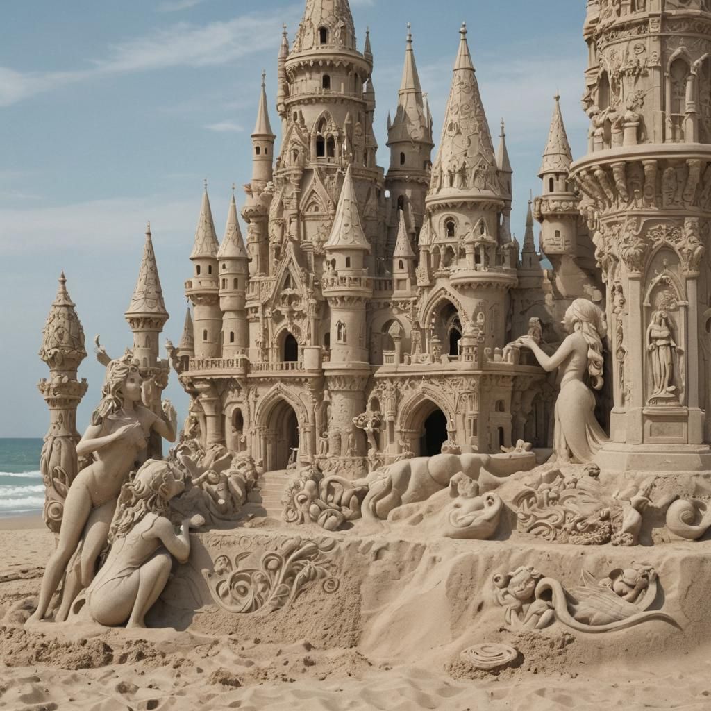 A Gothic sand castle with the sea in the background and elegant Baroque decorations on the facades, with ...  by @undefined