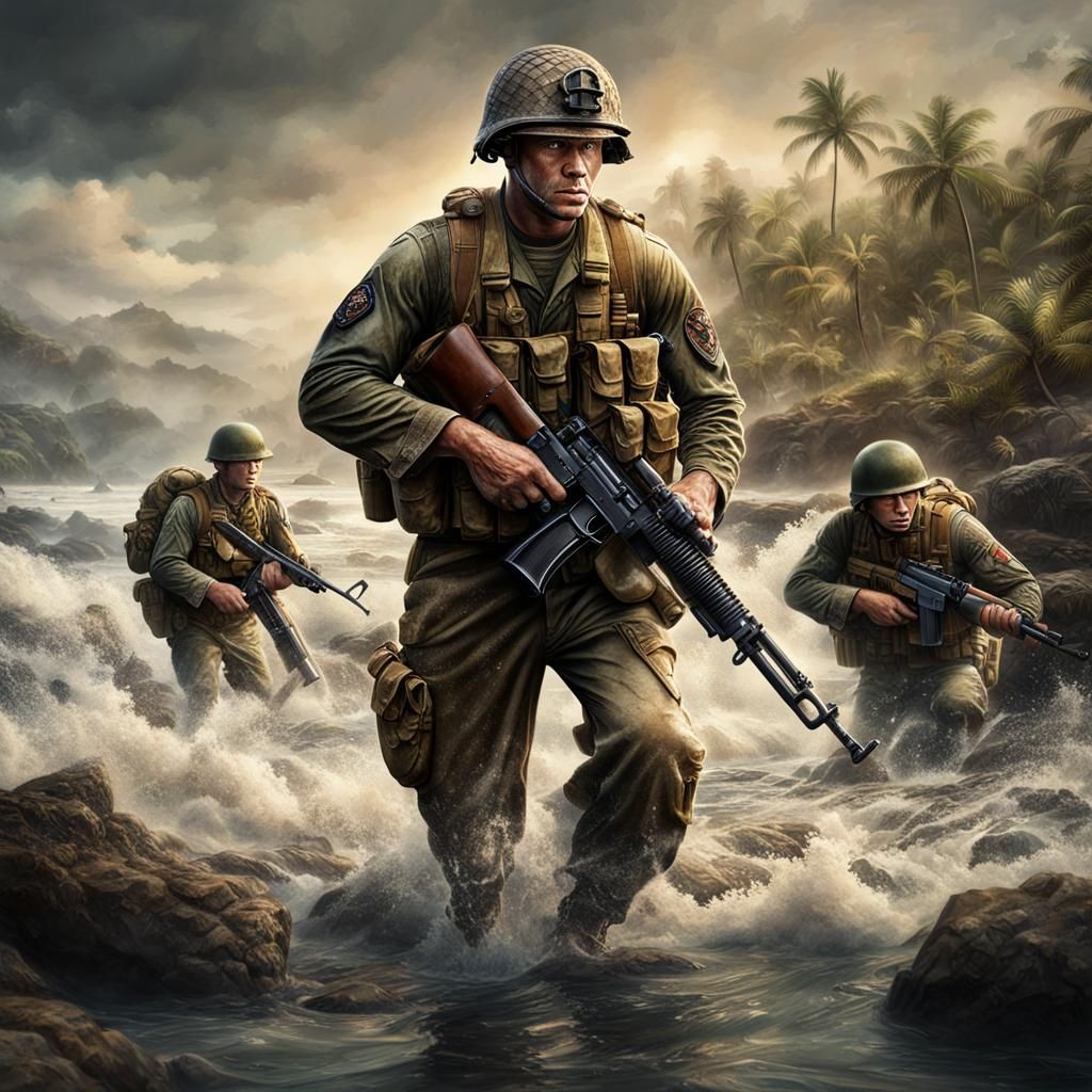 Epic Marine Sergeant Assaults Beach in Digital Painting
