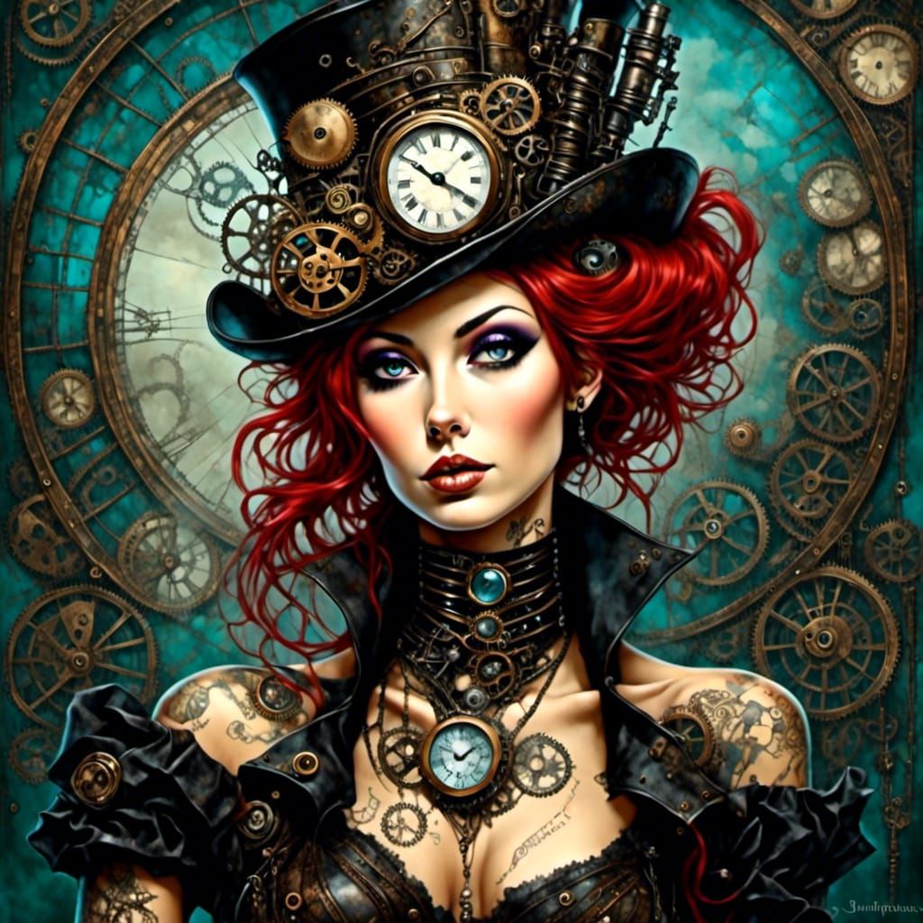 lora:Steampunk-Notebook:1.0> Surreal fantasy, excessively tattooed styled  steampunk goth lady - AI Generated Artwork - NightCafe Creator