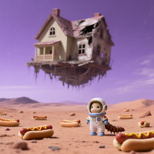 Sylvanian families style mealworm, wearing a tiny, ill-fitting astronaut helmet, stands on a vast desert planet littered with hotdogs. In th...