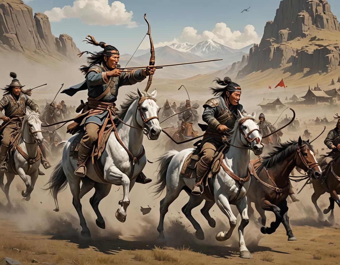 Mongolian horseman riding a horse and shooting a bow, concept art, Greg Rutkowski, 8k  by @undefined