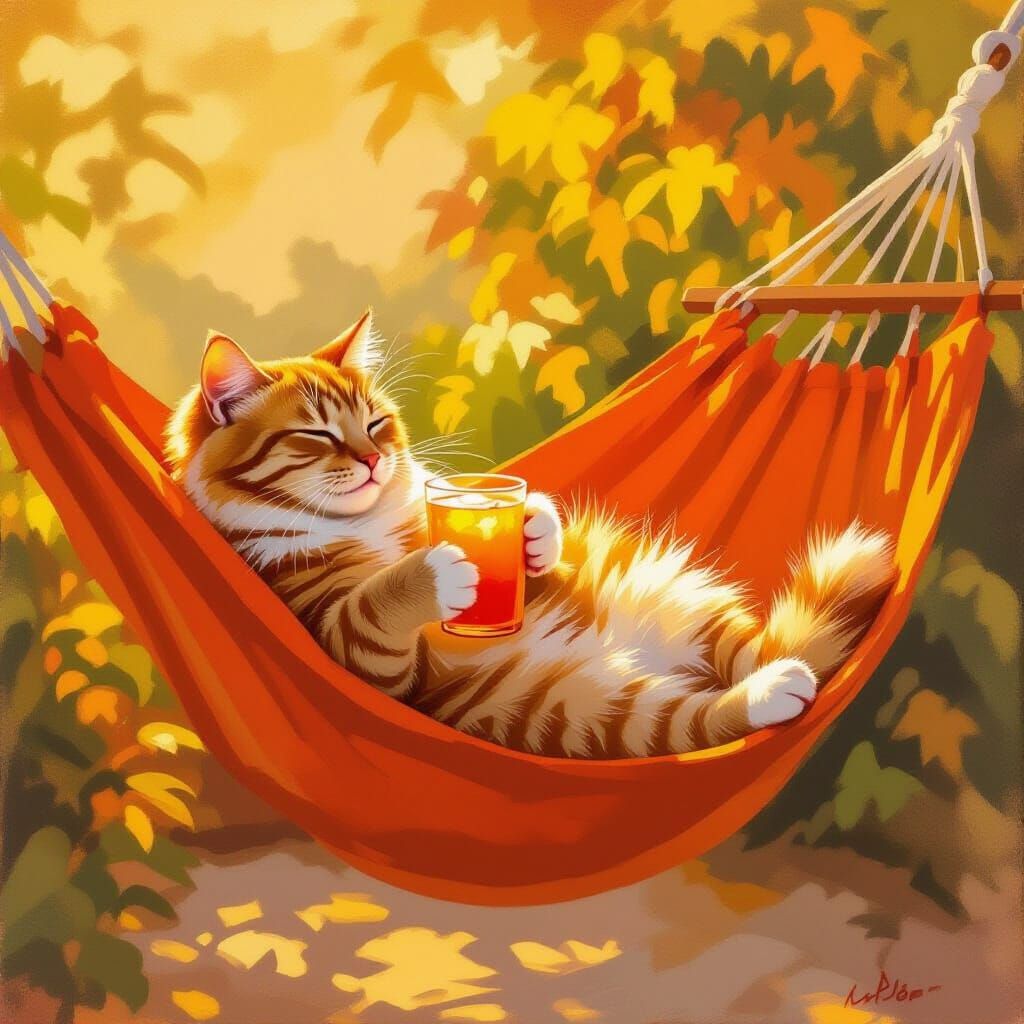 Ginger Cat Relaxing on Orange Hammock with Drink