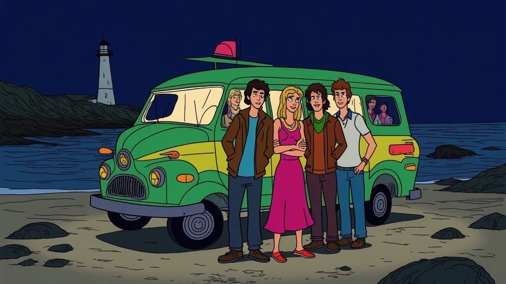 <lora:PXSketchFlux:1.0> The scooby gang poses in front of their "Mystery Machine" van, on a beach at night, with a lighthouse ominously in t...