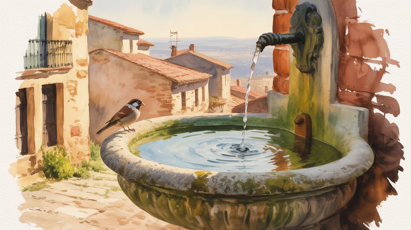 A sparrow on a stone outdoor sink. 16:9  by @axelb