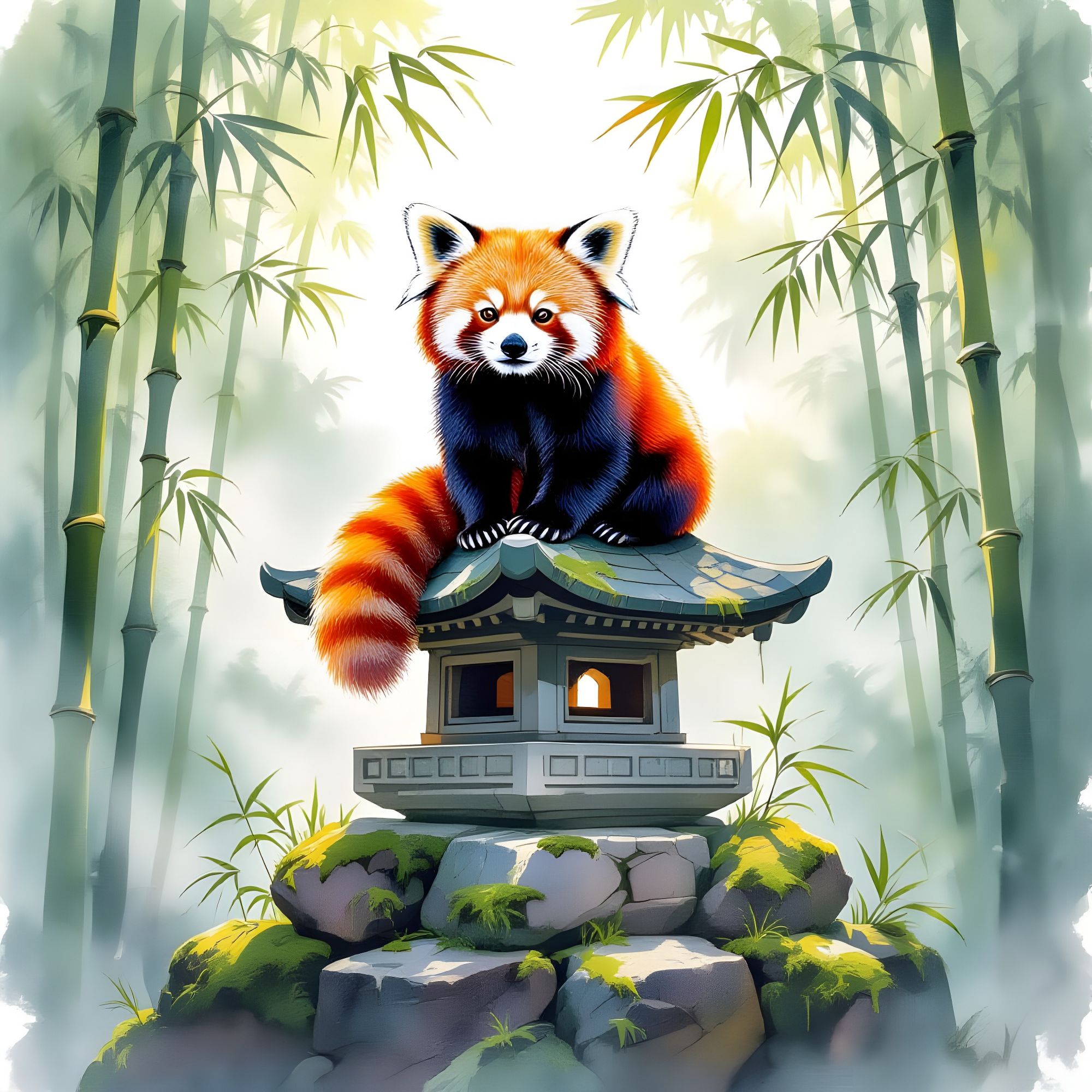 A majestic red panda perched atop a weathered stone pagoda deep within a misty bamboo forest. Sunlight filters through the dense canopy, cas...