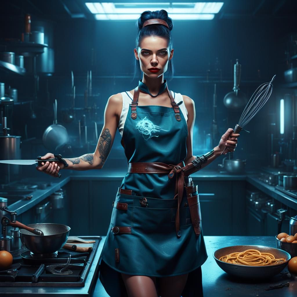 attractive girl in cyberpunk style in a culinary apron with ...